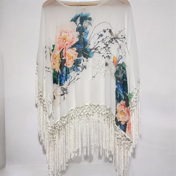 Chico's Sweaters - Chico's Boho Kimono Style Floral White Poncho Blouse Macrame Fringe - One Size